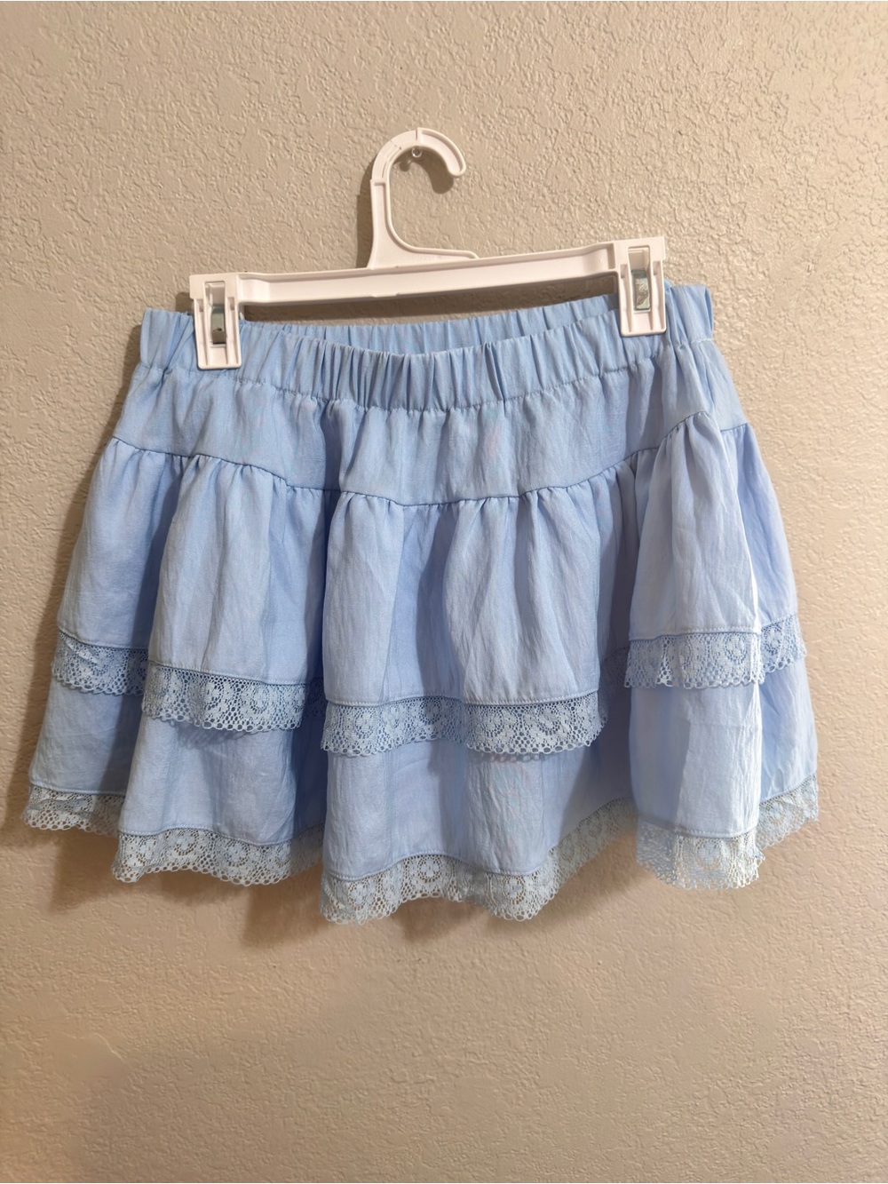 Tiered Light Blue Lace-Trim Skater Skirt